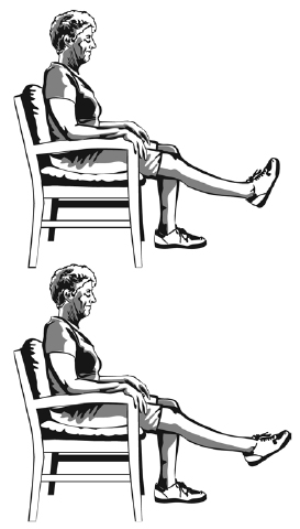 Elderly Woman sitting on a chair with one leg raised